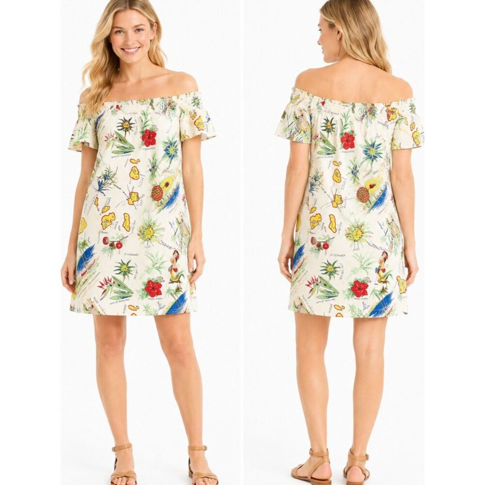 J.Crew Factory Hawaiian Map Off Shoulder Dress Women's Tropical Cotton Size 4
